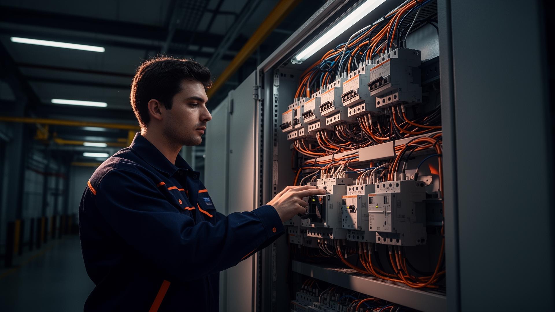 Engenheiro elétrico operando painel industrial